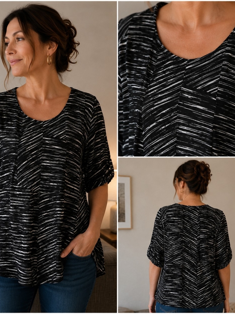 Apt. 9 Black and White Striped Brushstroke Scoop Neck Blouse